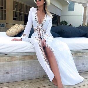 Boho White Bell Sleeve Front Tie Kimono Cover S M L